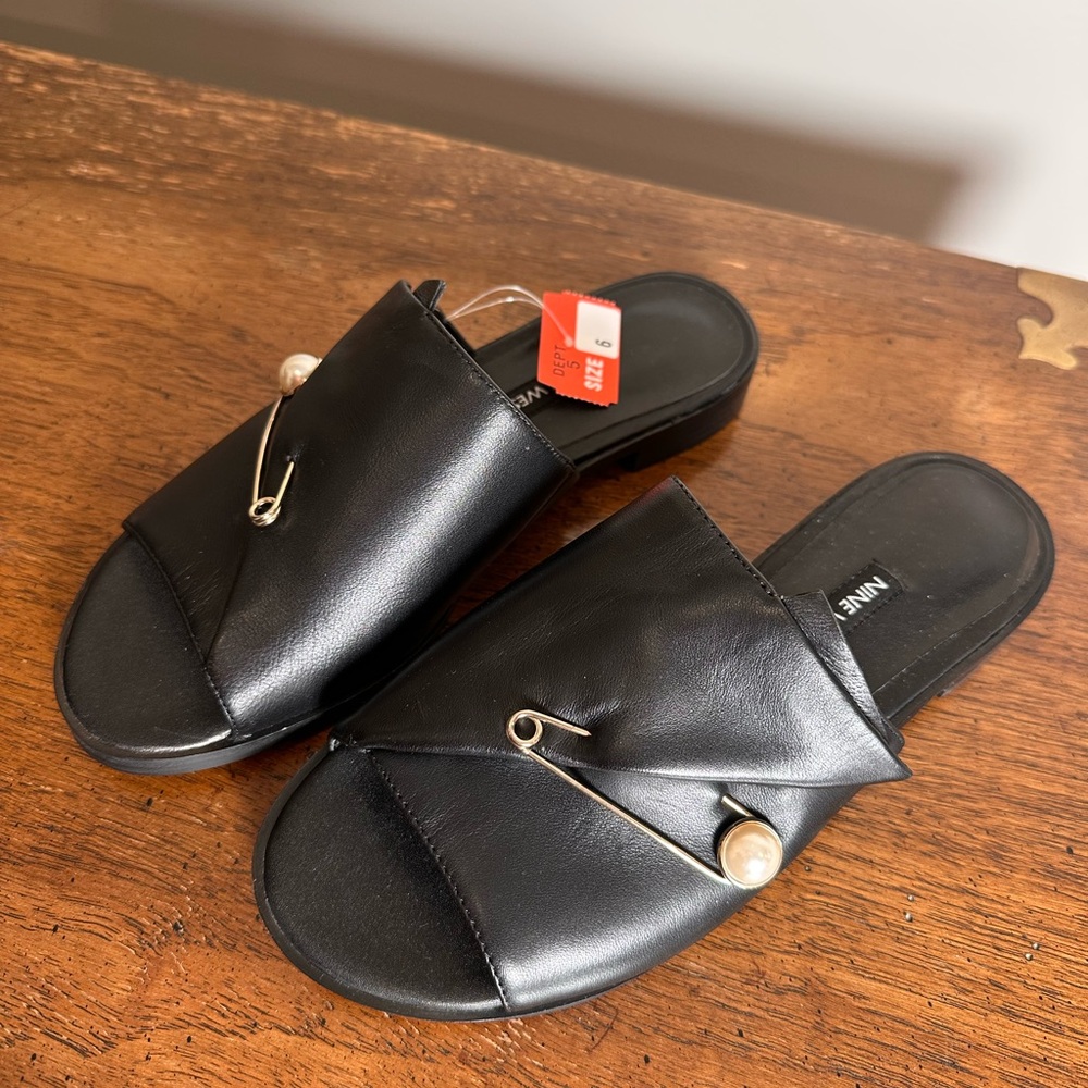 Nine West Black Slide Sandals with Gold Pin Detail